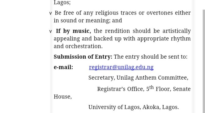 UNILAG: UNILAG ANTHEM;CALL FOR SUBMISSIONS.