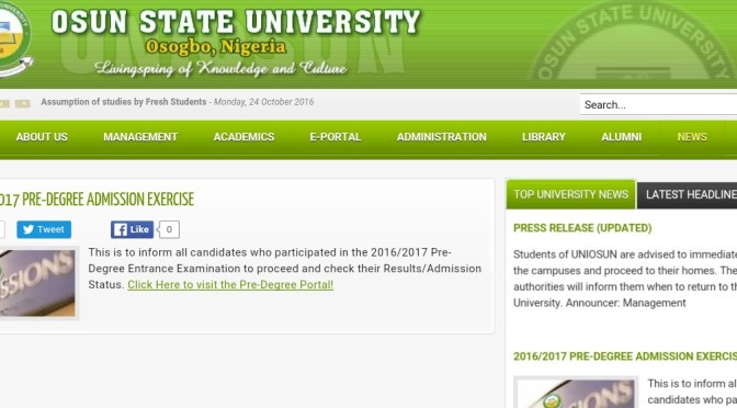 UNIOSUN PRE-DEGREE ADMISSION LIST(2016/2017)IS OUT.